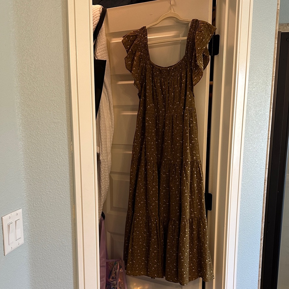 Madewell Brown/ olive Ruffle Sleeve Dress